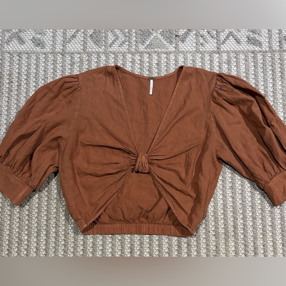 Y.F.B Brown Puff Sleeve Crop Blouse with Tie Front‎